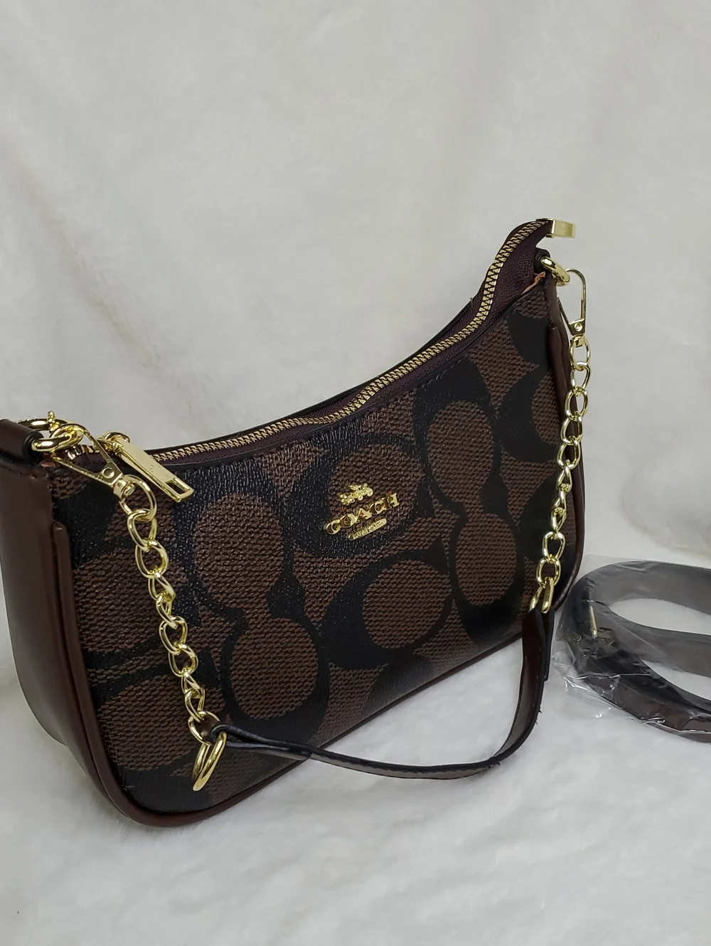 Brown Signature Canvas Shoulder Bag with Gold Chain Inspir@d Luxury Bag